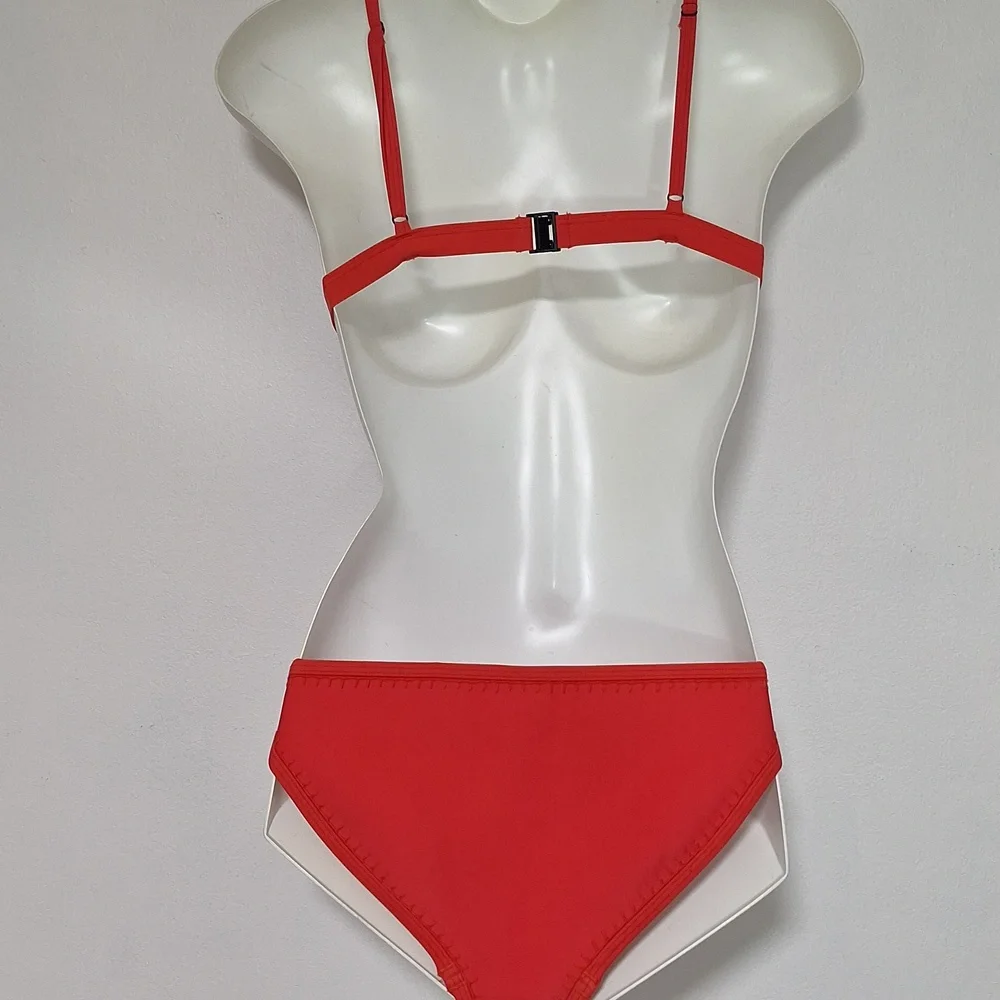 triangl swimwear Coral Red Triangle Bikini Set with Matching Neoprene Bag